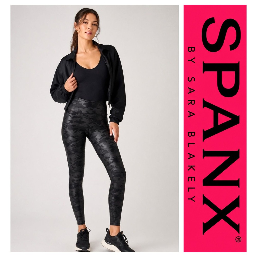 SPANX Black Faux Leather Camo Matte High Rise Leggings Size L